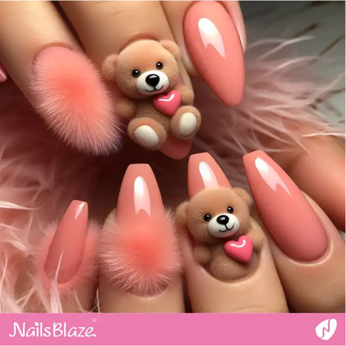 Peach Fuzz Nails with Cute 3D Teddy Bear | Valentine Nails - NB2388